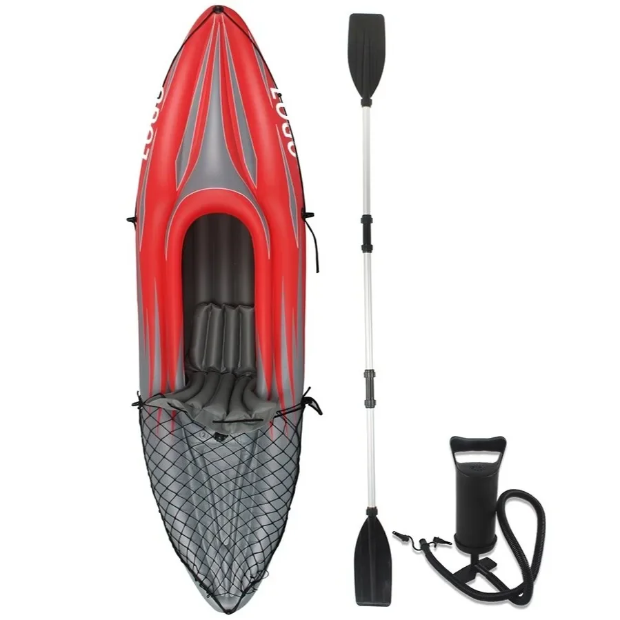 Kajak dmuchany – niebiesko-czerwony z PVC, jednoosobowy, przenośny, z wiosłem i pompką powietrza