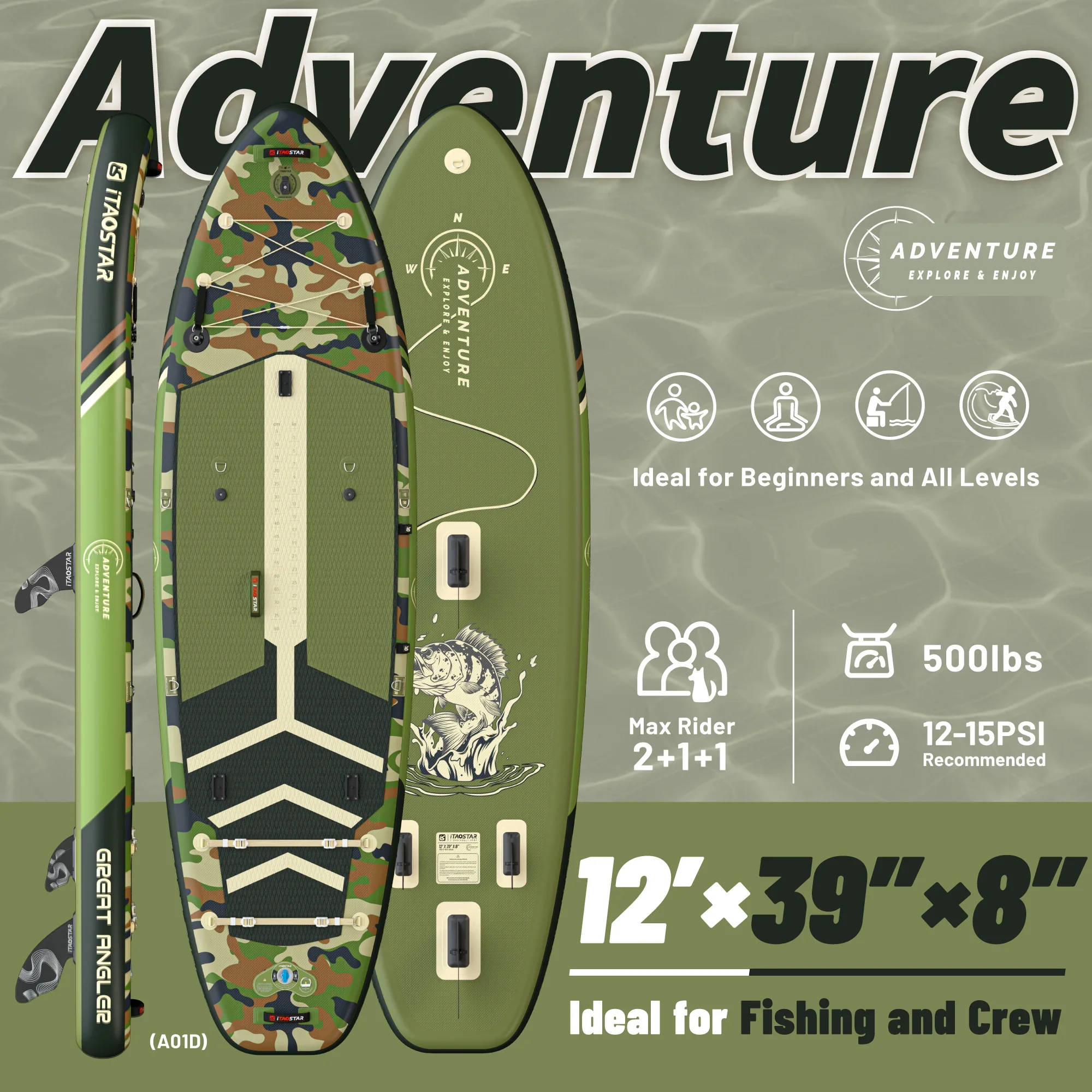 ITAOSTAR Adventure A01D Dmuchana deska SUP – 11'6", jednowarstwowa, do pływania na stojąco (SUP)