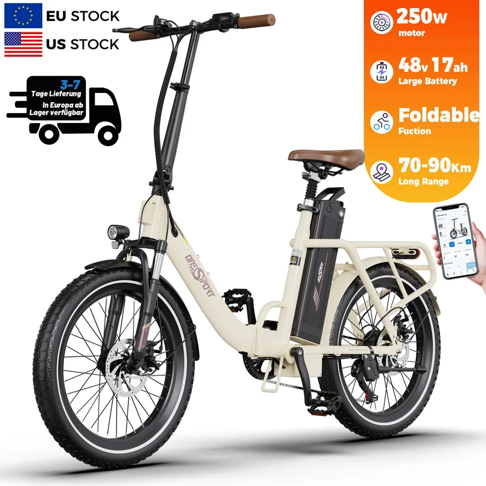 Bicicleta eléctrica plegable Onesport para adultos con neumáticos anchos, suspensión de 250 W, 48 V, para mujer, almacén UE, plegable para uso urbano