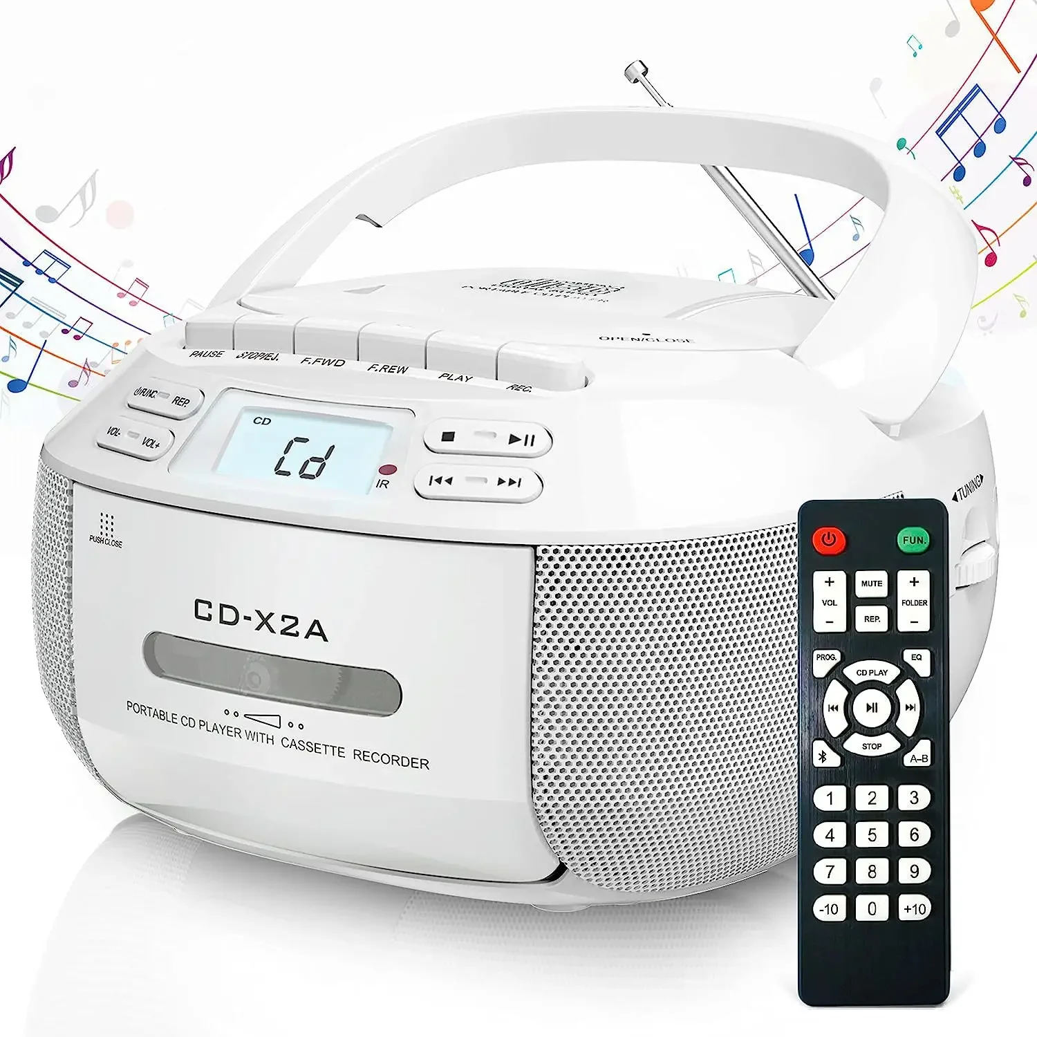 Reproductor de CD Boombox con pletina de casete, radio AM/FM y pantalla LCD con control remoto, grabación de cintas, alimentación de CC: ideal para niños y uso doméstico.