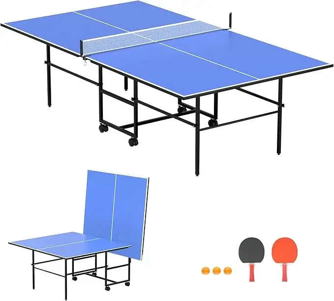 Mesa de ping pong plegable profesional de MDF de 2,7 m para jugar en interiores con red, palas y pelotas.
