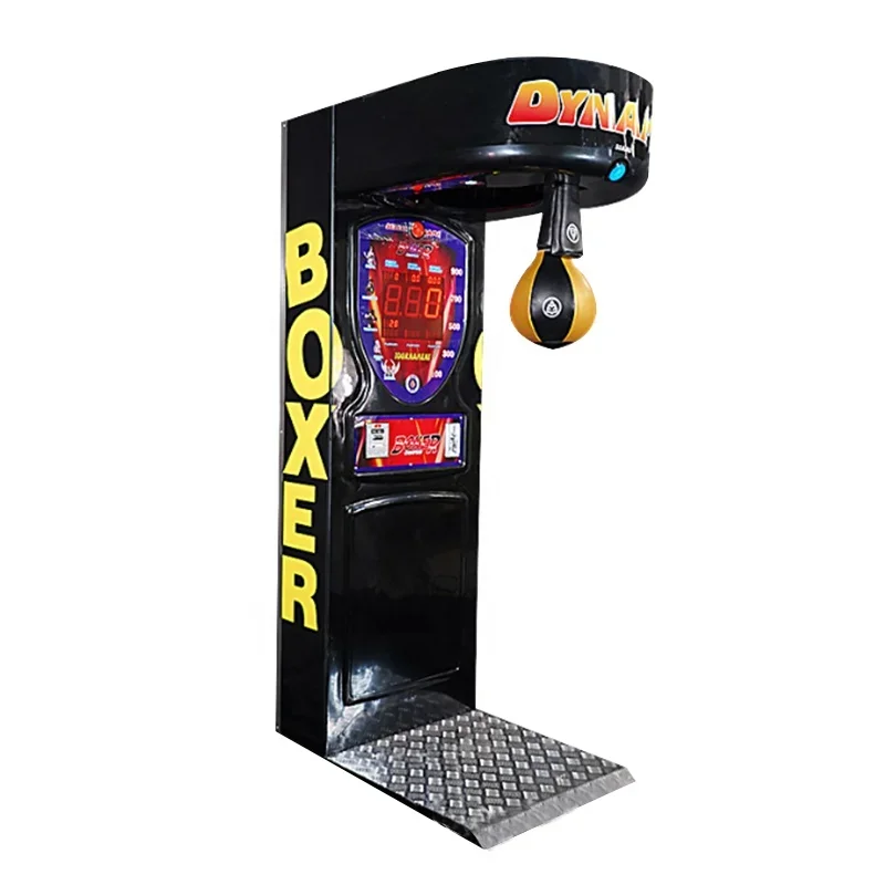 Máquina de boxeo con música electrónica: juego arcade con monedas y modos de entrenamiento y competición.